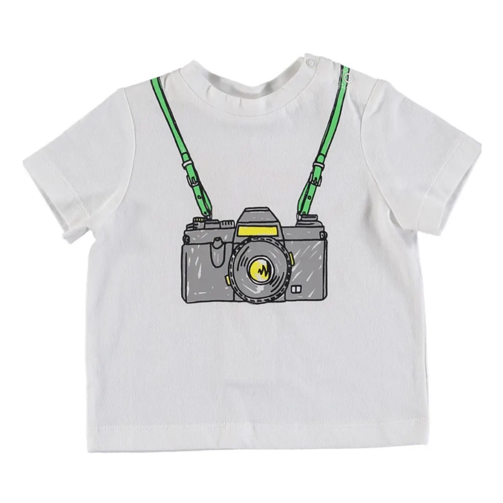 Stella McCartney Kids White Tee with Camera Graphic and Green Straps